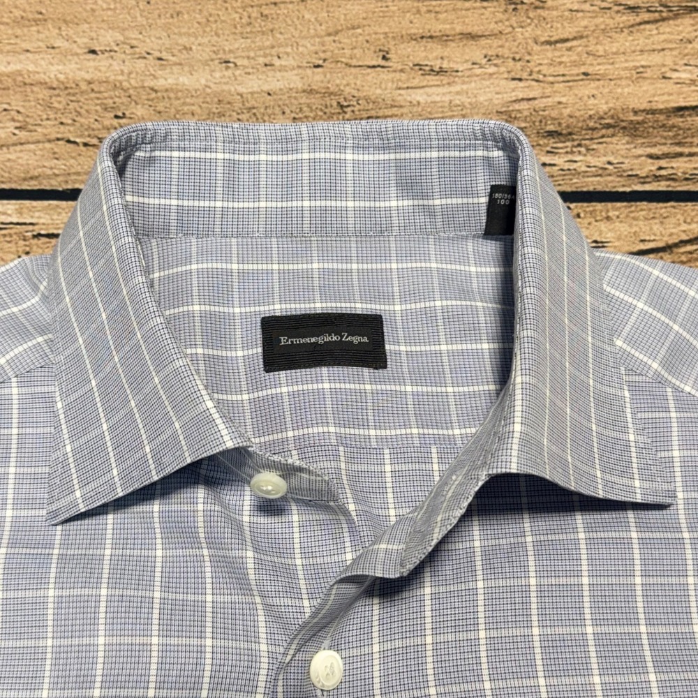 Ermenegildo Zegna Dress Shirt Mens 16 41 Blue White Check Regular Fit Luxury - Picture 1 of 8
